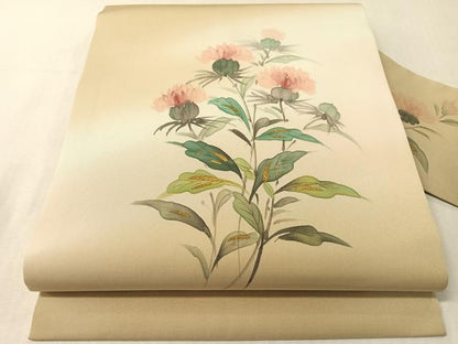 平和屋着物●塩瀬　九寸名古屋帯　作家物　手描き　草花文　金彩　正絹　逸品　CABJ0663vp