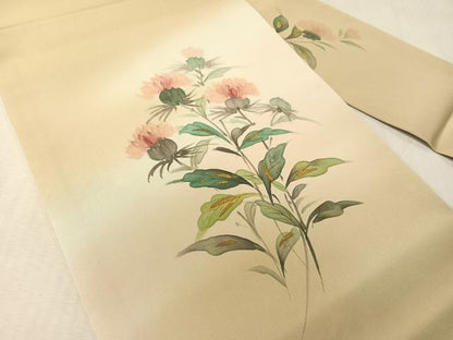 平和屋着物●塩瀬　九寸名古屋帯　作家物　手描き　草花文　金彩　正絹　逸品　CABJ0663vp