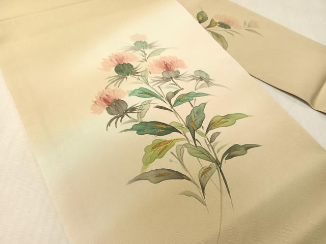 平和屋着物●塩瀬　九寸名古屋帯　作家物　手描き　草花文　金彩　正絹　逸品　CABJ0663vp