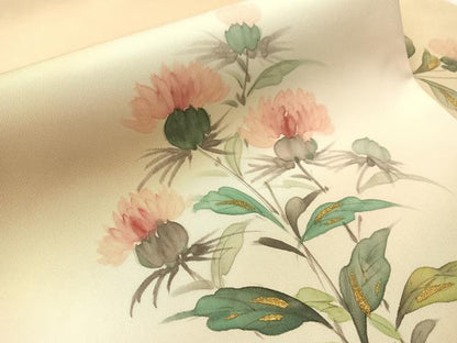 平和屋着物●塩瀬　九寸名古屋帯　作家物　手描き　草花文　金彩　正絹　逸品　CABJ0663vp