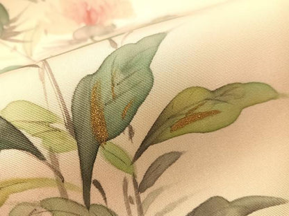 平和屋着物●塩瀬　九寸名古屋帯　作家物　手描き　草花文　金彩　正絹　逸品　CABJ0663vp