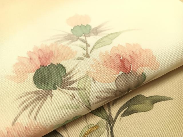 平和屋着物●塩瀬　九寸名古屋帯　作家物　手描き　草花文　金彩　正絹　逸品　CABJ0663vp
