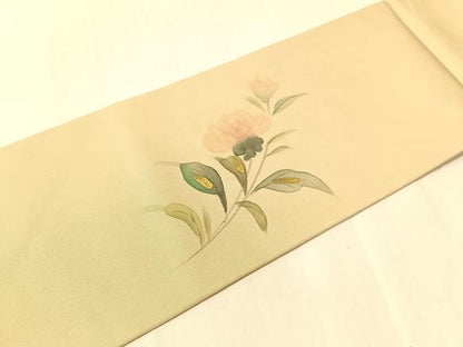 平和屋着物●塩瀬　九寸名古屋帯　作家物　手描き　草花文　金彩　正絹　逸品　CABJ0663vp