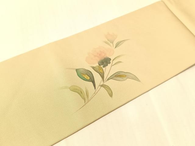 平和屋着物●塩瀬　九寸名古屋帯　作家物　手描き　草花文　金彩　正絹　逸品　CABJ0663vp