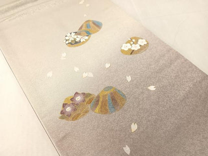 平和屋着物●渡辺空海子　太鼓柄袋帯　貝合わせ花文　銀通し地　正絹　逸品　CABJ0665vp