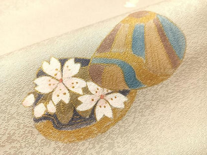 平和屋着物●渡辺空海子　太鼓柄袋帯　貝合わせ花文　銀通し地　正絹　逸品　CABJ0665vp
