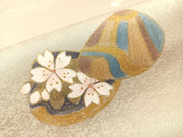 平和屋着物●渡辺空海子　太鼓柄袋帯　貝合わせ花文　銀通し地　正絹　逸品　CABJ0665vp