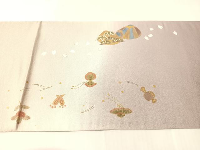 平和屋着物●渡辺空海子　太鼓柄袋帯　貝合わせ花文　銀通し地　正絹　逸品　CABJ0665vp