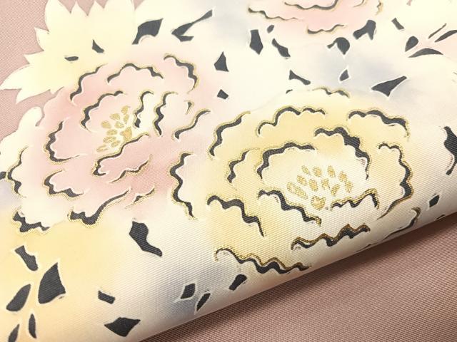平和屋着物●塩瀬　九寸名古屋帯　ろうけつ染め　草花文　金彩　正絹　逸品　CABJ0683vp
