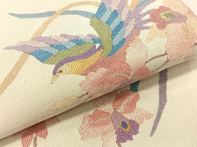 平和屋着物●手織綴れ　山鹿清華　太鼓柄袋帯　瑞鳥奉蘭図　金銀糸　正絹　逸品　CABJ0687vp