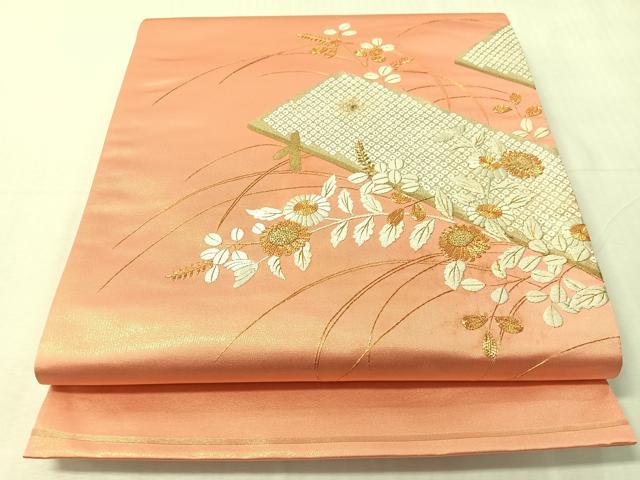 平和屋着物●太鼓柄袋帯　駒刺繍　草花文　金彩　正絹　逸品　CABJ0688vp