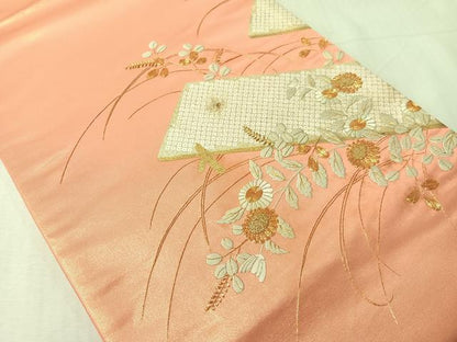 平和屋着物●太鼓柄袋帯　駒刺繍　草花文　金彩　正絹　逸品　CABJ0688vp
