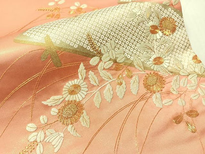 平和屋着物●太鼓柄袋帯　駒刺繍　草花文　金彩　正絹　逸品　CABJ0688vp