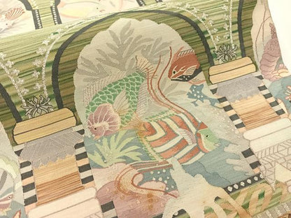 平和屋着物●手織綴れ　山鹿清華　六通柄袋帯　魚　銀糸　正絹　逸品　CABJ0689vp