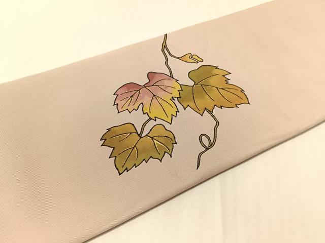 平和屋着物●塩瀬　九寸名古屋帯　蔦の葉文　金彩　正絹　逸品　CABJ0690vp