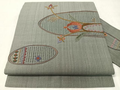 平和屋着物●中国三大刺繍　スワトウ相良刺繍　総刺繍　九寸名古屋帯　紬地　吉祥花丸文　正絹　逸品　CABJ0691vp