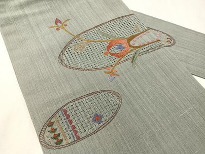 平和屋着物●中国三大刺繍　スワトウ相良刺繍　総刺繍　九寸名古屋帯　紬地　吉祥花丸文　正絹　逸品　CABJ0691vp