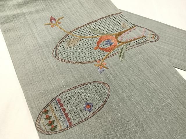平和屋着物●中国三大刺繍　スワトウ相良刺繍　総刺繍　九寸名古屋帯　紬地　吉祥花丸文　正絹　逸品　CABJ0691vp