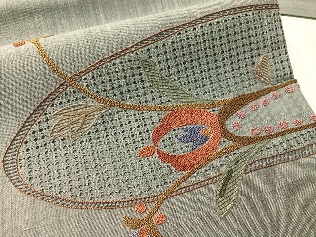 平和屋着物●中国三大刺繍　スワトウ相良刺繍　総刺繍　九寸名古屋帯　紬地　吉祥花丸文　正絹　逸品　CABJ0691vp