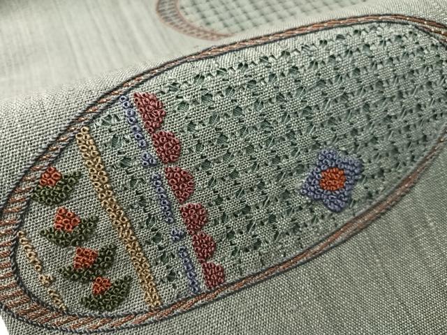 平和屋着物●中国三大刺繍　スワトウ相良刺繍　総刺繍　九寸名古屋帯　紬地　吉祥花丸文　正絹　逸品　CABJ0691vp