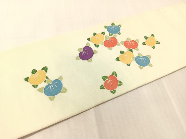 平和屋着物●塩瀬　九寸名古屋帯　駒刺繍　橘　正絹　逸品　CABJ0694vp
