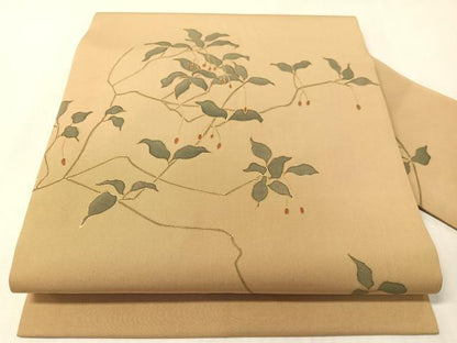 平和屋着物●塩瀬　九寸名古屋帯　枝木の実　金彩　正絹　逸品　CABJ0702vp