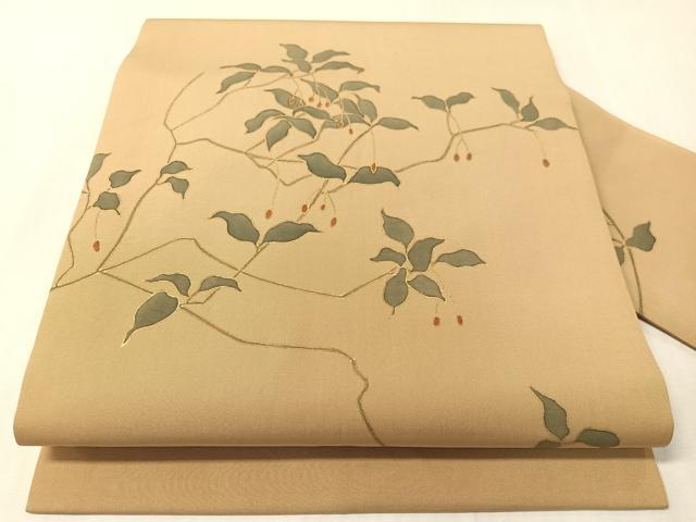 平和屋着物●塩瀬　九寸名古屋帯　枝木の実　金彩　正絹　逸品　CABJ0702vp