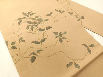 平和屋着物●塩瀬　九寸名古屋帯　枝木の実　金彩　正絹　逸品　CABJ0702vp