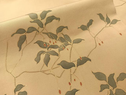 平和屋着物●塩瀬　九寸名古屋帯　枝木の実　金彩　正絹　逸品　CABJ0702vp