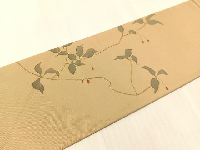 平和屋着物●塩瀬　九寸名古屋帯　枝木の実　金彩　正絹　逸品　CABJ0702vp