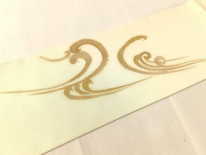 平和屋着物●塩瀬　九寸名古屋帯　立波文　金彩　正絹　逸品　CABJ0703vp