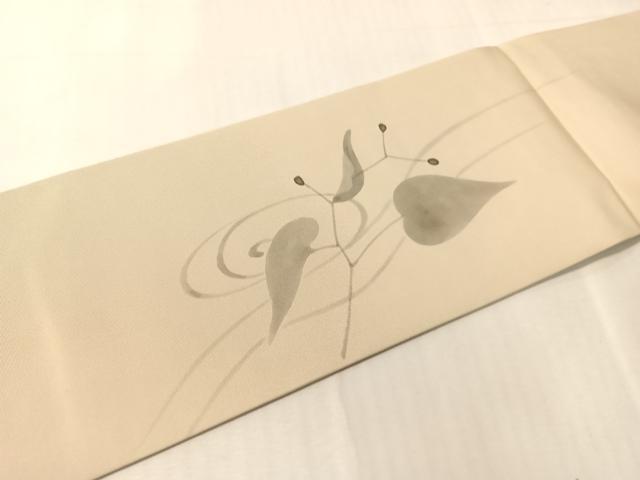 平和屋着物●塩瀬　九寸名古屋帯　ろうけつ染め　流水枝葉文　金彩　正絹　逸品　CABJ0704vp