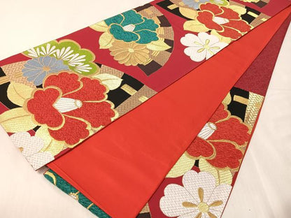 平和屋着物●六通柄袋帯　唐織　モール　檜扇椿文　金糸　正絹　逸品　CABJ0705vp