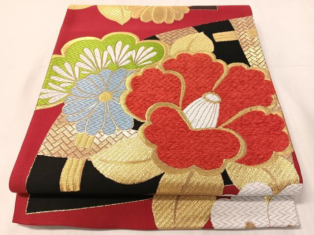 平和屋着物●六通柄袋帯　唐織　モール　檜扇椿文　金糸　正絹　逸品　CABJ0705vp