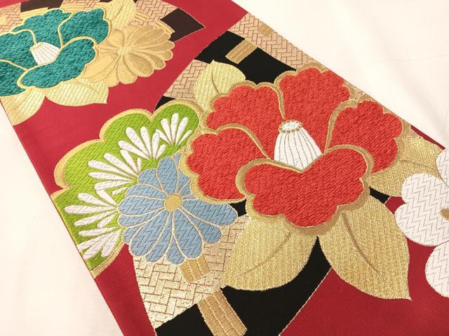平和屋着物●六通柄袋帯　唐織　モール　檜扇椿文　金糸　正絹　逸品　CABJ0705vp
