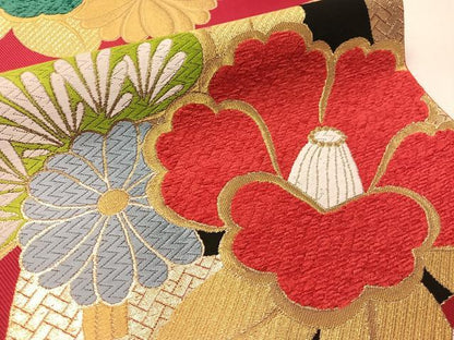 平和屋着物●六通柄袋帯　唐織　モール　檜扇椿文　金糸　正絹　逸品　CABJ0705vp