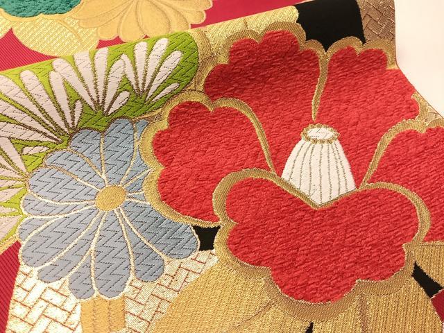 平和屋着物●六通柄袋帯　唐織　モール　檜扇椿文　金糸　正絹　逸品　CABJ0705vp