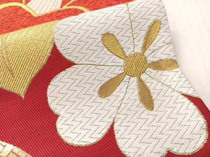 平和屋着物●六通柄袋帯　唐織　モール　檜扇椿文　金糸　正絹　逸品　CABJ0705vp