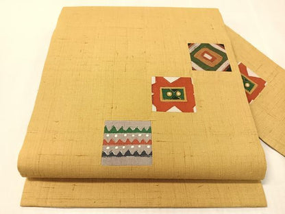平和屋着物●九寸名古屋帯　紬地　切嵌　幾何学文様　金彩　正絹　逸品　CABJ0706vp