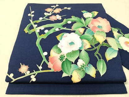 平和屋着物●塩瀬　九寸名古屋帯　友禅　作家物　枝花文　正絹　逸品　CABJ0709vp