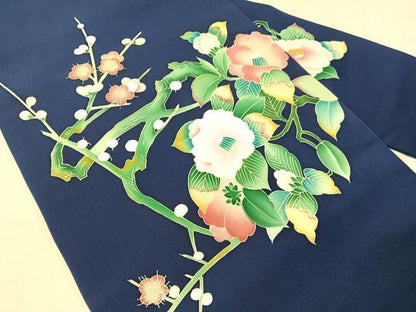 平和屋着物●塩瀬　九寸名古屋帯　友禅　作家物　枝花文　正絹　逸品　CABJ0709vp