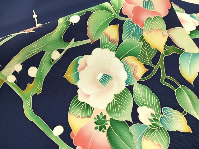 平和屋着物●塩瀬　九寸名古屋帯　友禅　作家物　枝花文　正絹　逸品　CABJ0709vp