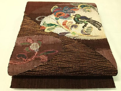 平和屋着物●八寸名古屋帯　紬地　更紗鳥文　金糸　正絹　逸品　CABJ0710vp