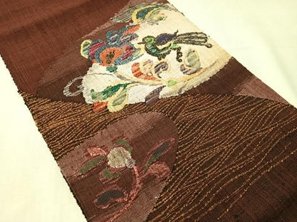 平和屋着物●八寸名古屋帯　紬地　更紗鳥文　金糸　正絹　逸品　CABJ0710vp