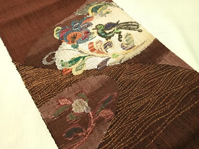 平和屋着物●八寸名古屋帯　紬地　更紗鳥文　金糸　正絹　逸品　CABJ0710vp