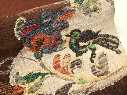平和屋着物●八寸名古屋帯　紬地　更紗鳥文　金糸　正絹　逸品　CABJ0710vp