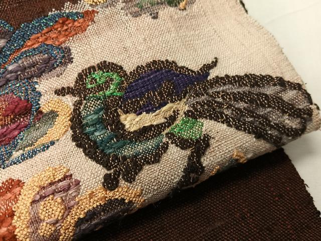 平和屋着物●八寸名古屋帯　紬地　更紗鳥文　金糸　正絹　逸品　CABJ0710vp