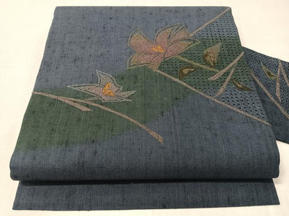 平和屋着物●中国三大刺繍　スワトウ相良刺繍　総刺繍　九寸名古屋帯　紬地　枝花文　正絹　逸品　CABJ0711vp
