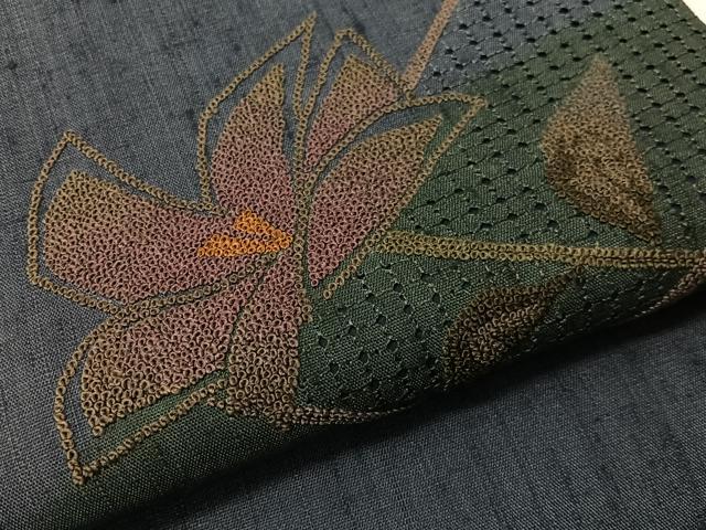 平和屋着物●中国三大刺繍　スワトウ相良刺繍　総刺繍　九寸名古屋帯　紬地　枝花文　正絹　逸品　CABJ0711vp