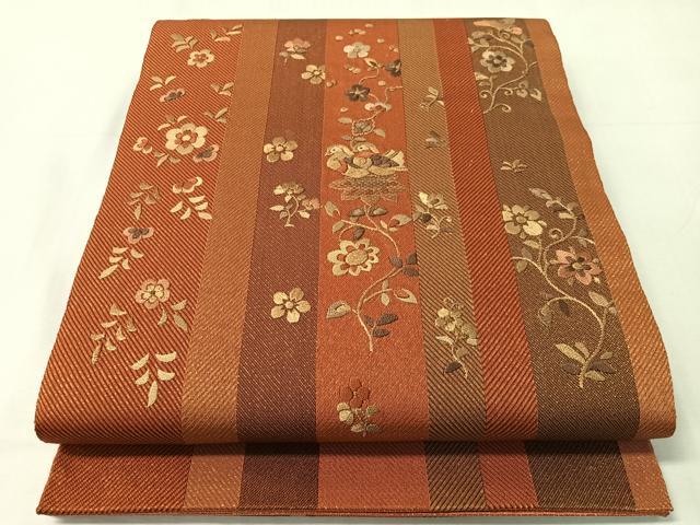 平和屋着物●ひなや工房　くむ・あむ・おる　伊豆蔵明彦　太鼓柄袋帯　総刺繍　鴛鴦花唐草文　金糸　正絹　逸品　CABJ0719vp
